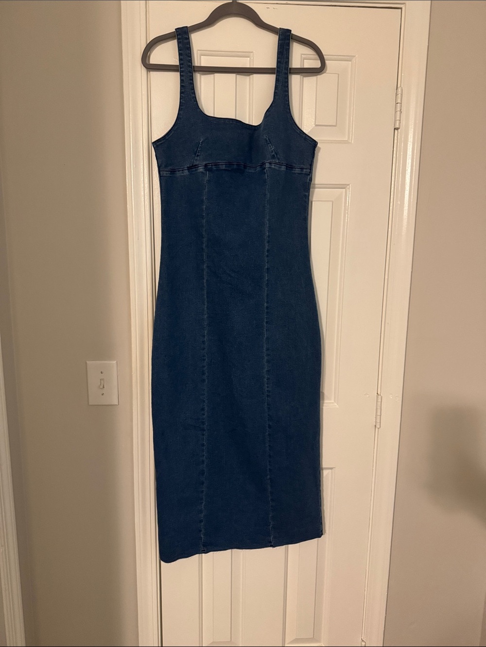 Dark Blue Denim Tank Midi Dress - Classic Slim Silhouette